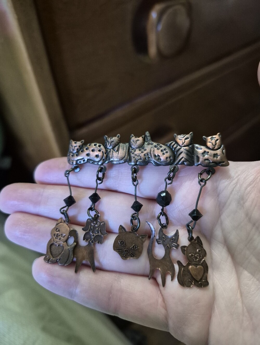 Vintage Cat Brooch Pin Brass Tone Dangle Kitty And Puppy Charm Brooch